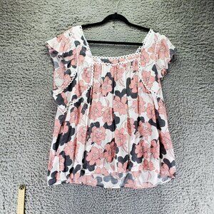 Cato Top Womens 22W/24W Pink Floral Square Neck Lace Accent Lightweight